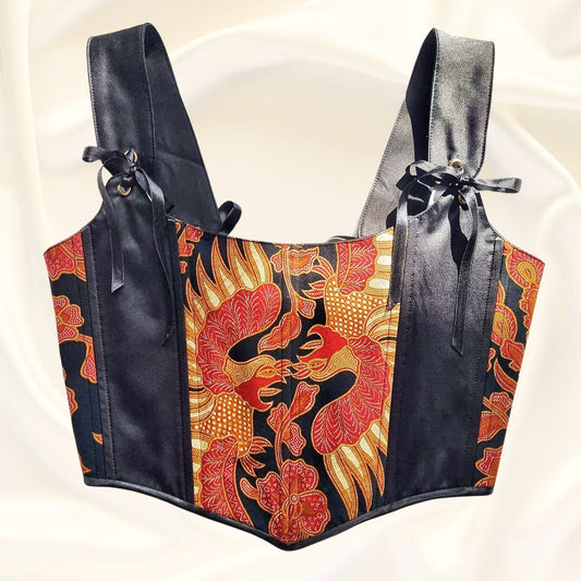 Корсет ръчно изработен от сатен и памук. С панели на червено-златни фениски и цветя.